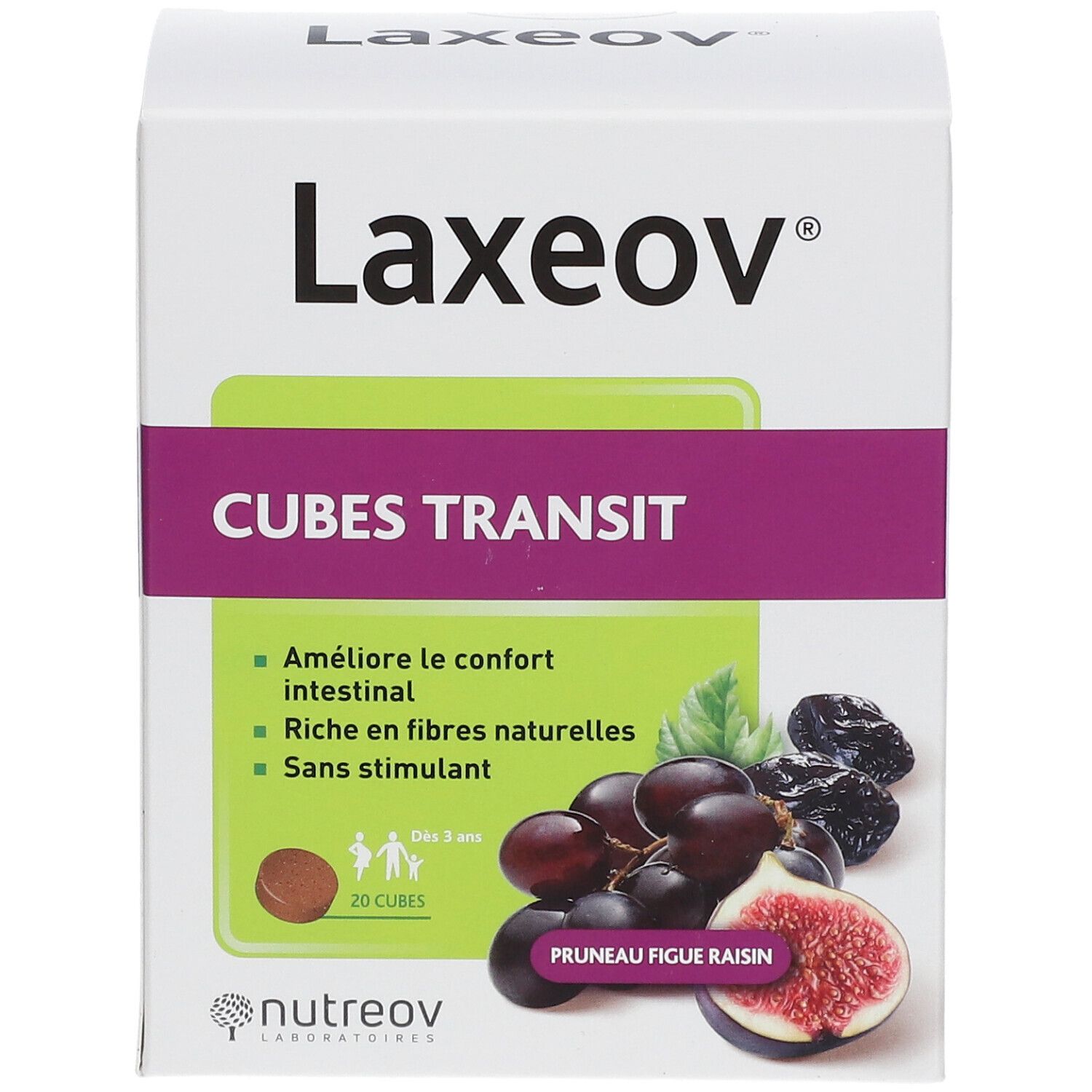 Boîte blanche "Laxeov" et "CUBES TRANSIT". Illustration de fruits. 20 cubes. Logo.