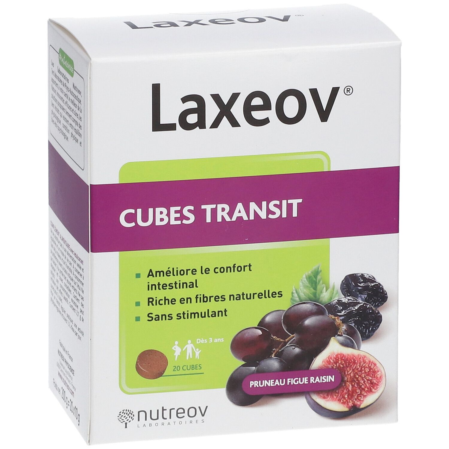 Boîte blanche "Laxeov" et "CUBES TRANSIT". Illustration de fruits. 20 cubes. Logo.
