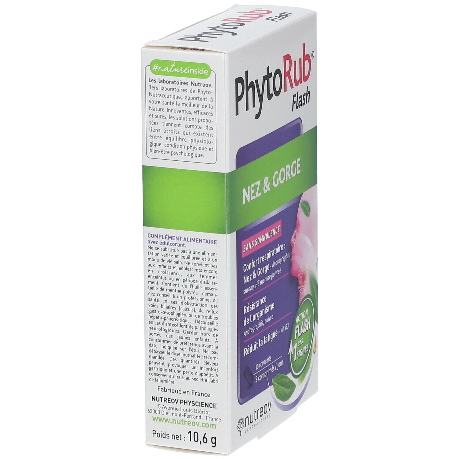 Boîte PhytoRub Flash, vue latérale. Texte: Nez & Gorge. Marque Nutreov. Poids net: 10,6 g.