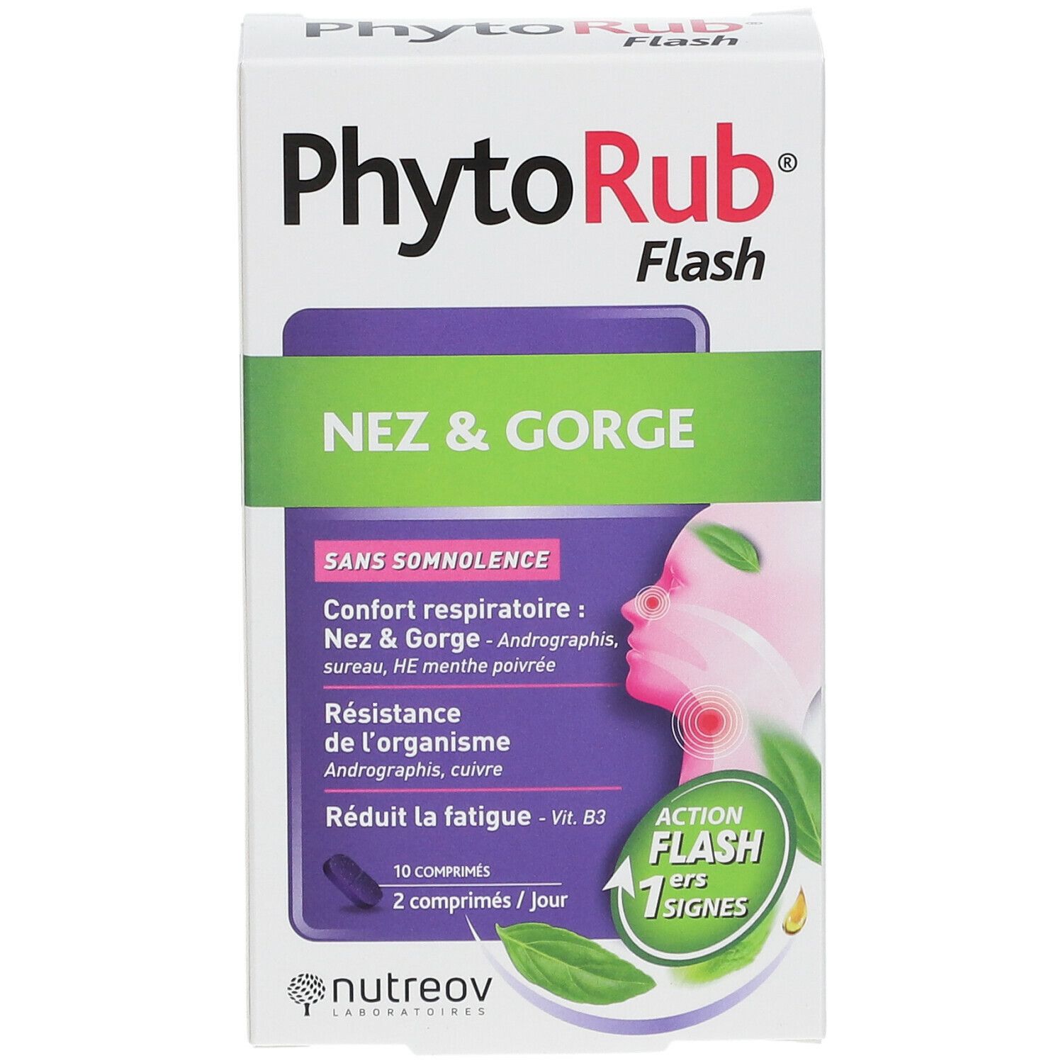 Boîte PhytoRub Flash, Nez & Gorge. Contient 10 comprimés. Marque Nutreov.