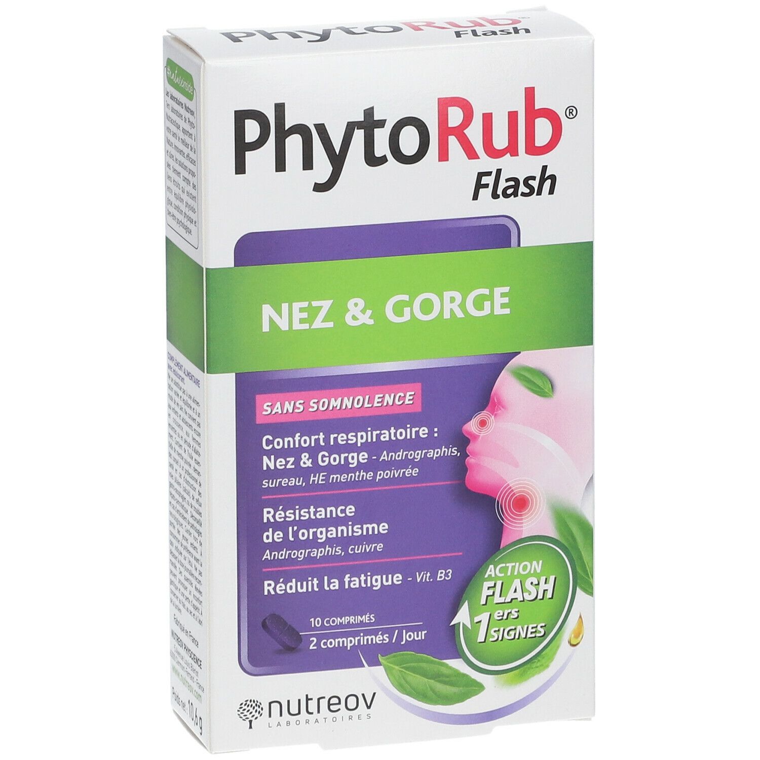 Boîte PhytoRub Flash, Nez & Gorge. Contient 10 comprimés. Marque Nutreov.