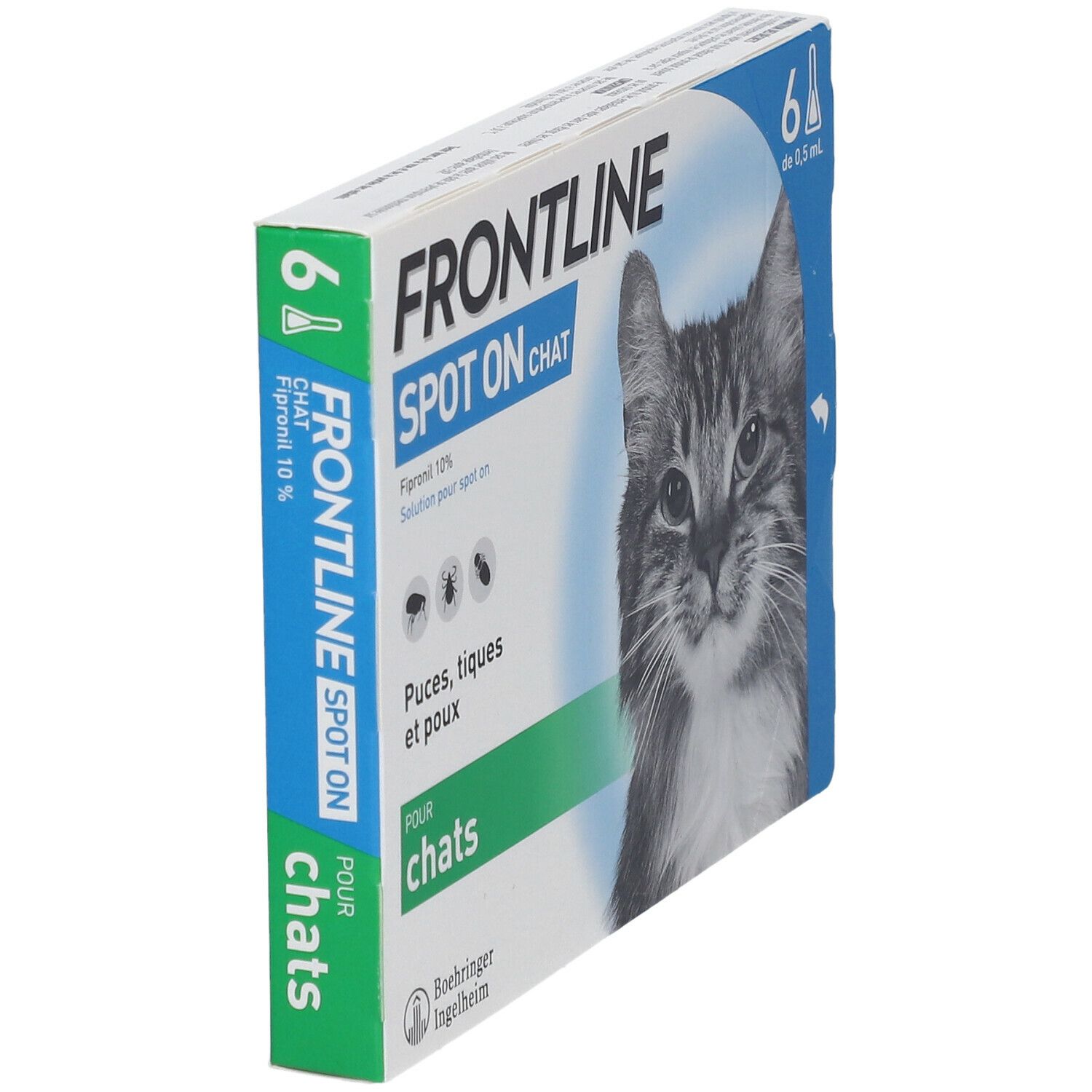 Boîte de Frontline Spot On Chat en biais. Contient 6 doses. Inscription : Fipronil 10%, contre puces, tiques et poux.