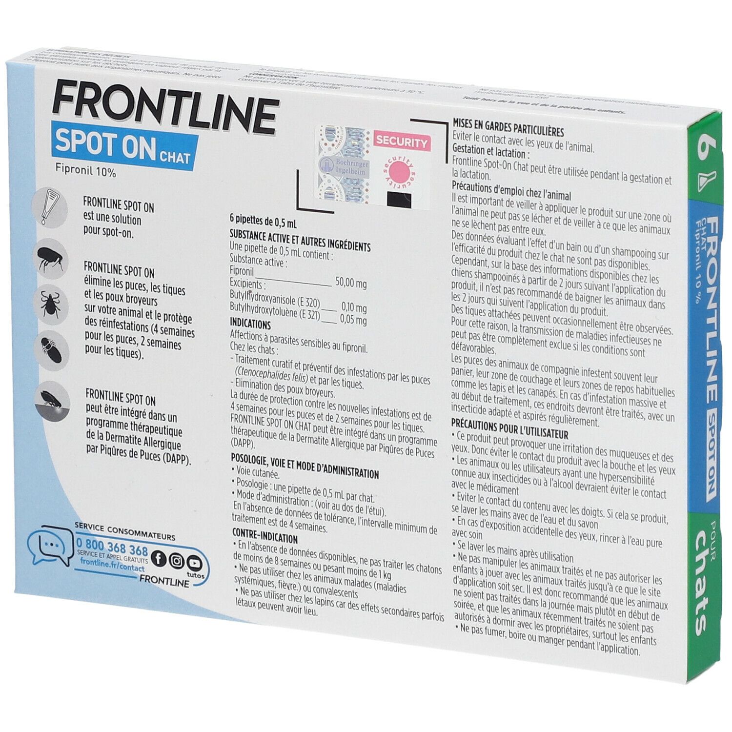 Dos de la boîte Frontline Spot On Chat. Contient des informations sur les ingrédients et l'utilisation. 6 pipettes.