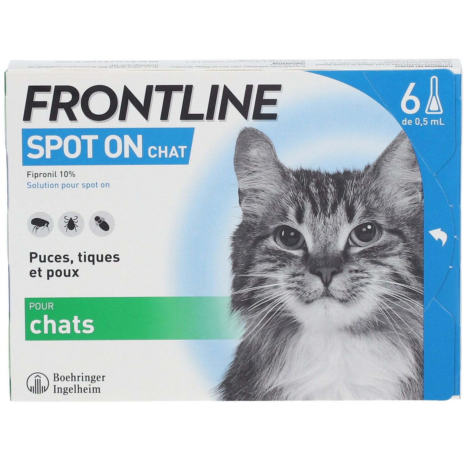Vue de face de la boîte Frontline Spot On Chat. Contient 6 doses. Inscription : Fipronil 10%, contre puces, tiques et poux.