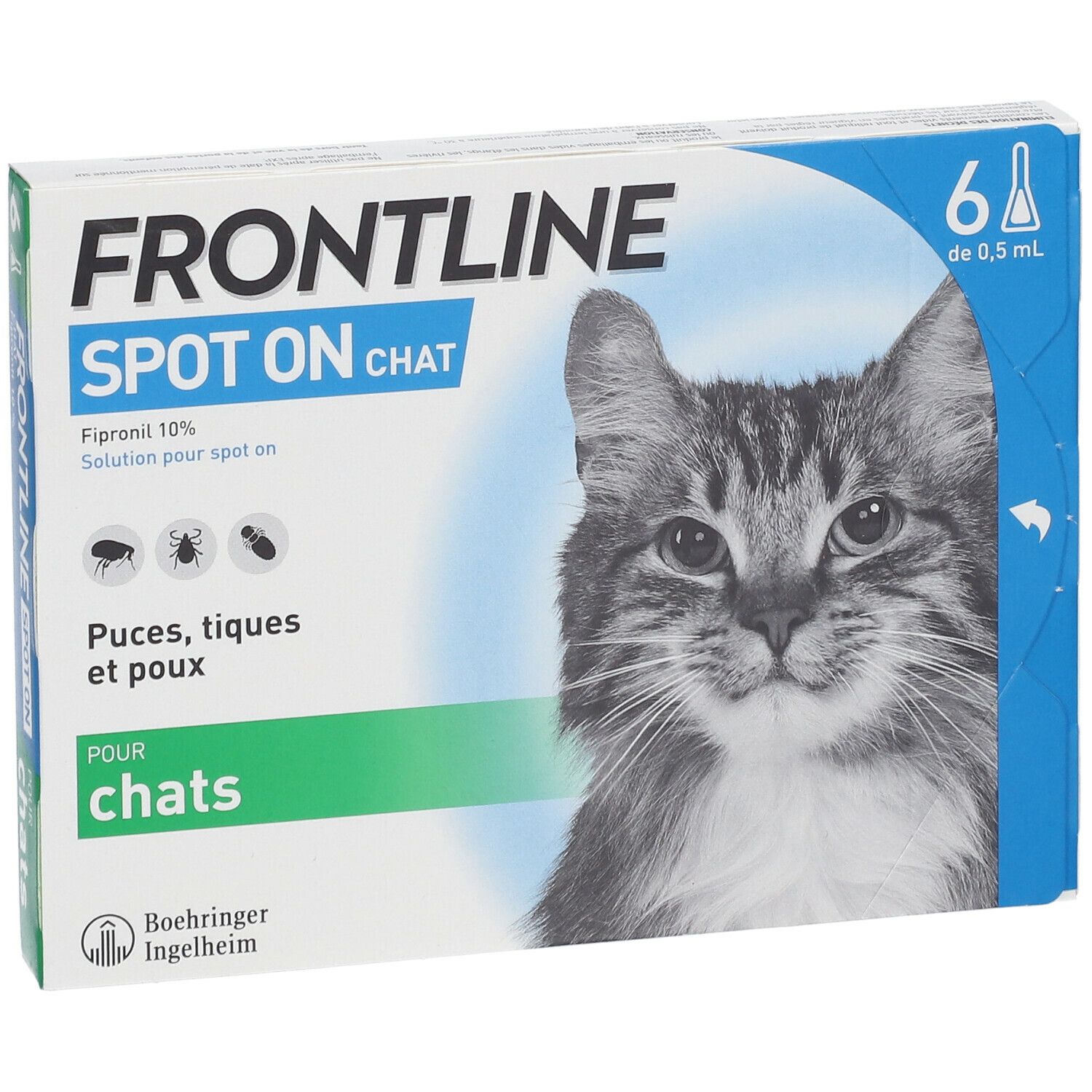 Vue de face de la boîte Frontline Spot On Chat. Contient 6 doses. Inscription : Fipronil 10%, contre puces, tiques et poux.