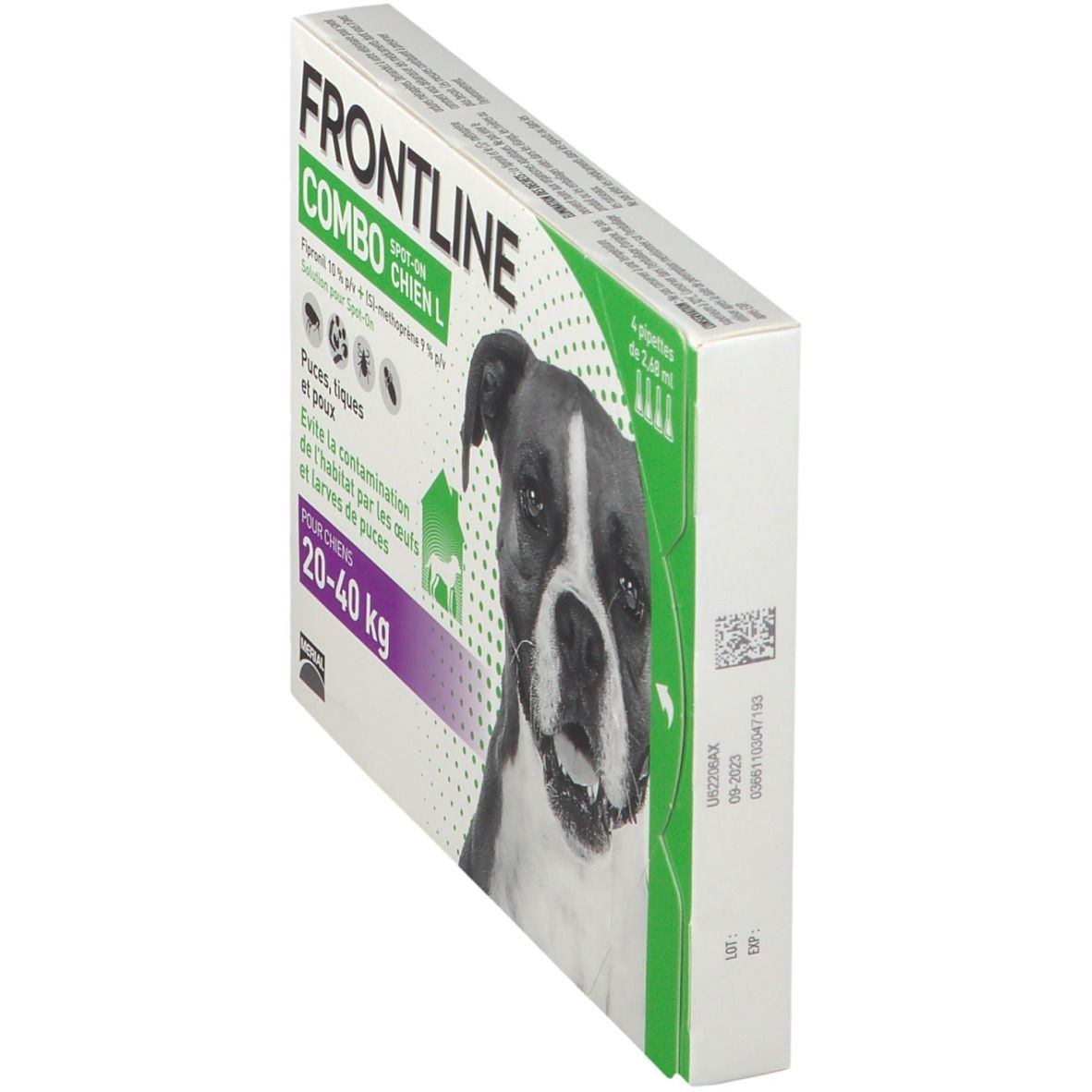 Boîte de Frontline Combo L Grand chien, vue en biais. Contient 4 pipettes. Image de chien.
