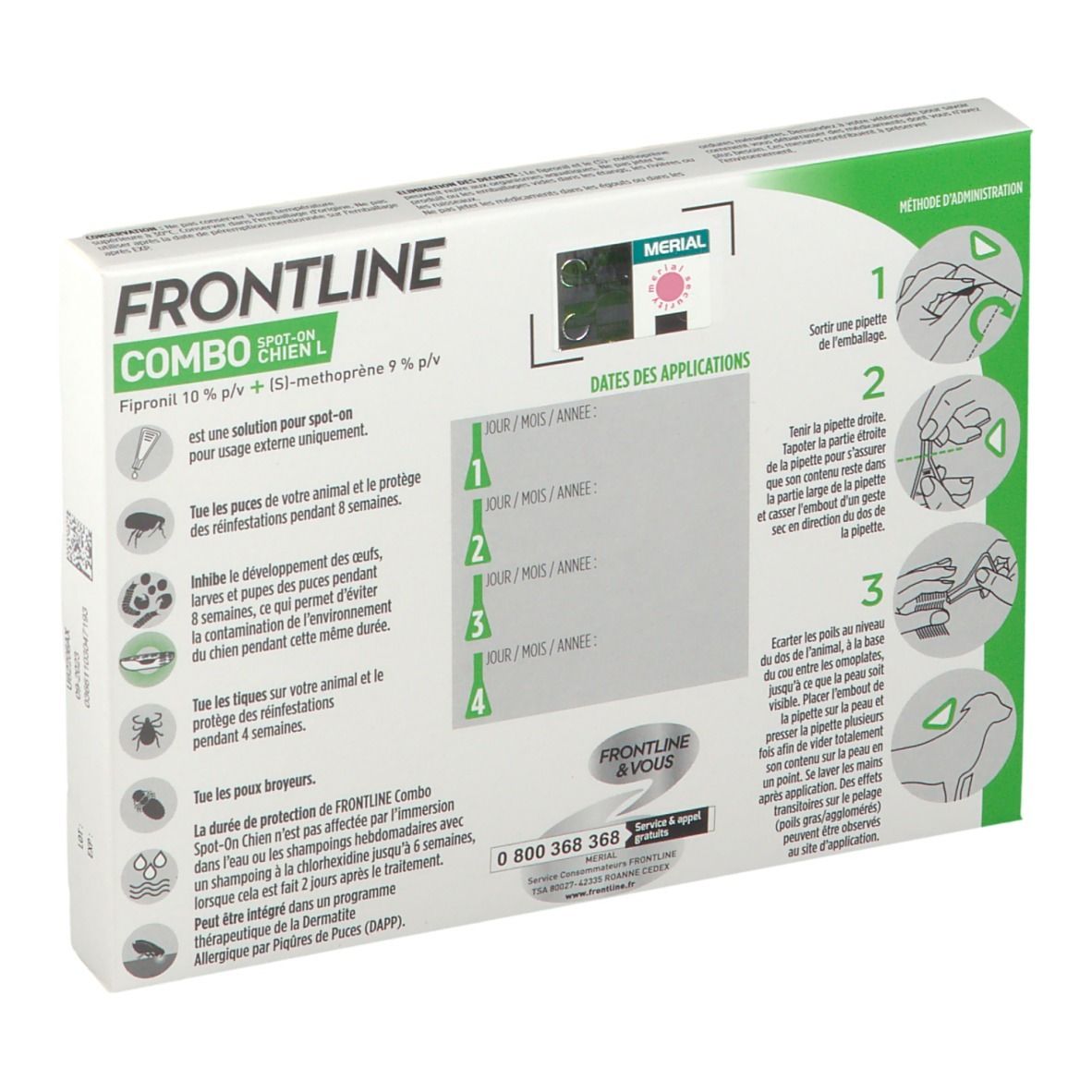 Dos de la boîte Frontline Combo L Grand chien. Contient informations et instructions.