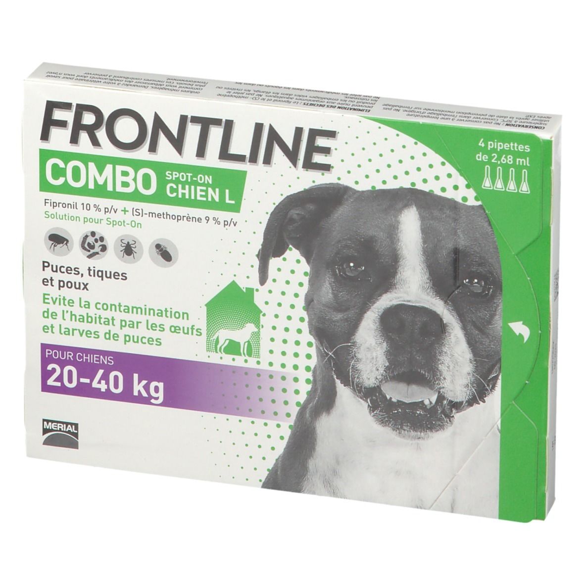 Boîte de Frontline Combo L Grand chien. Contient 4 pipettes. Image de chien sur l'emballage.