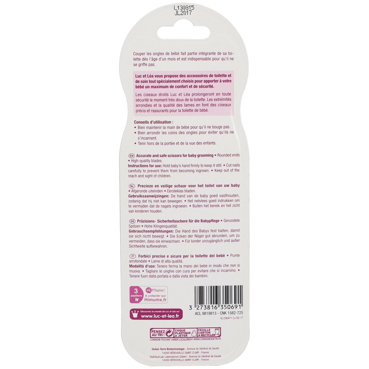 Rückseite der Verpackung der Babyschere. Text in mehreren Sprachen. Marke Luc et Léa. Sicherheitszertifizierung.