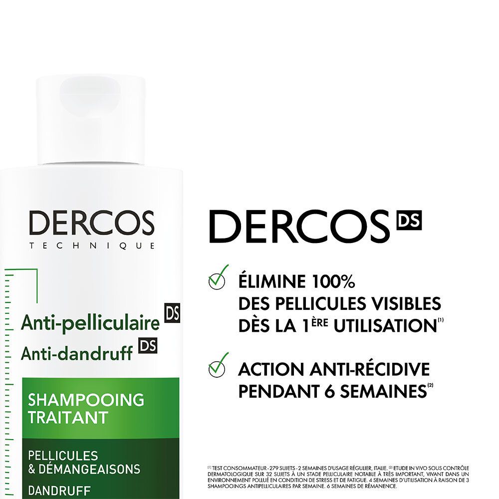Texte : Dercos Anti-pelliculaire. Élimine 100% des pellicules visibles dès la 1ère utilisation. Action anti-récidive pendant 6 semaines.