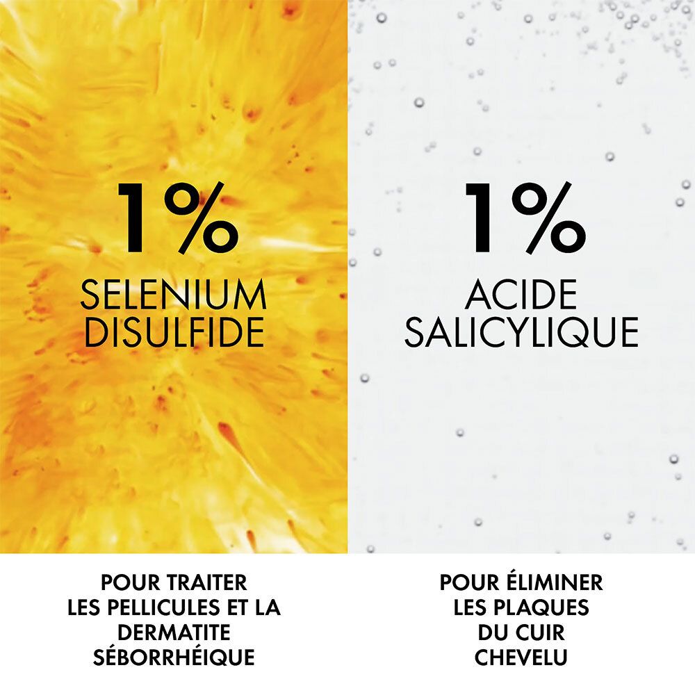 Deux textes : 1% Sulfure de sélénium et 1% Acide salicylique. Texte : Pour traiter la dermatite séborrhéique et éliminer les plaques.