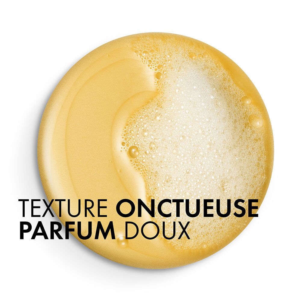 Mousse jaune. Texte : Texture onctueuse, parfum doux.