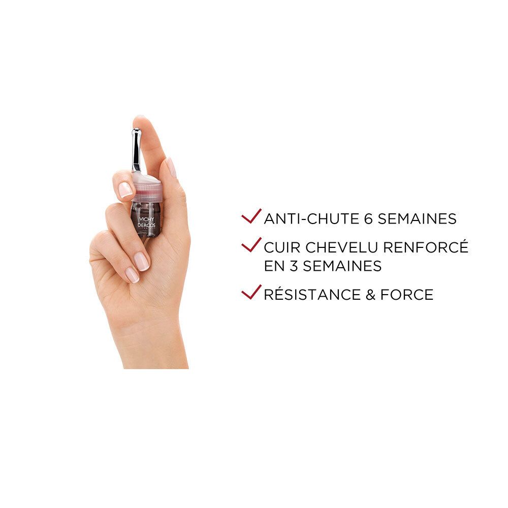 Main tenant une ampoule. Texte : Anti-chute 6 semaines, cuir chevelu renforcé en 3 semaines, résistance & force.