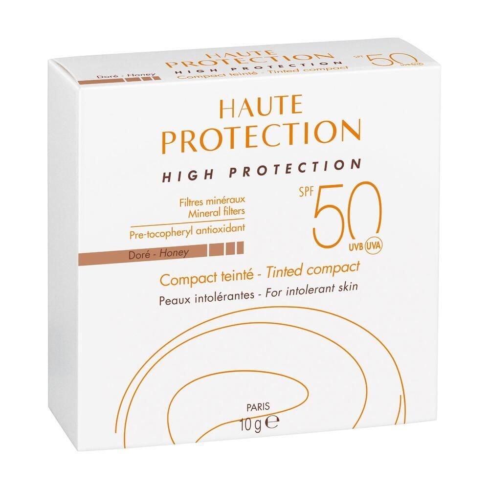 Weiße Verpackung mit Kompaktpuder. Text: Haute Protection, SPF 50, Compact teinté, Doré/Honey.