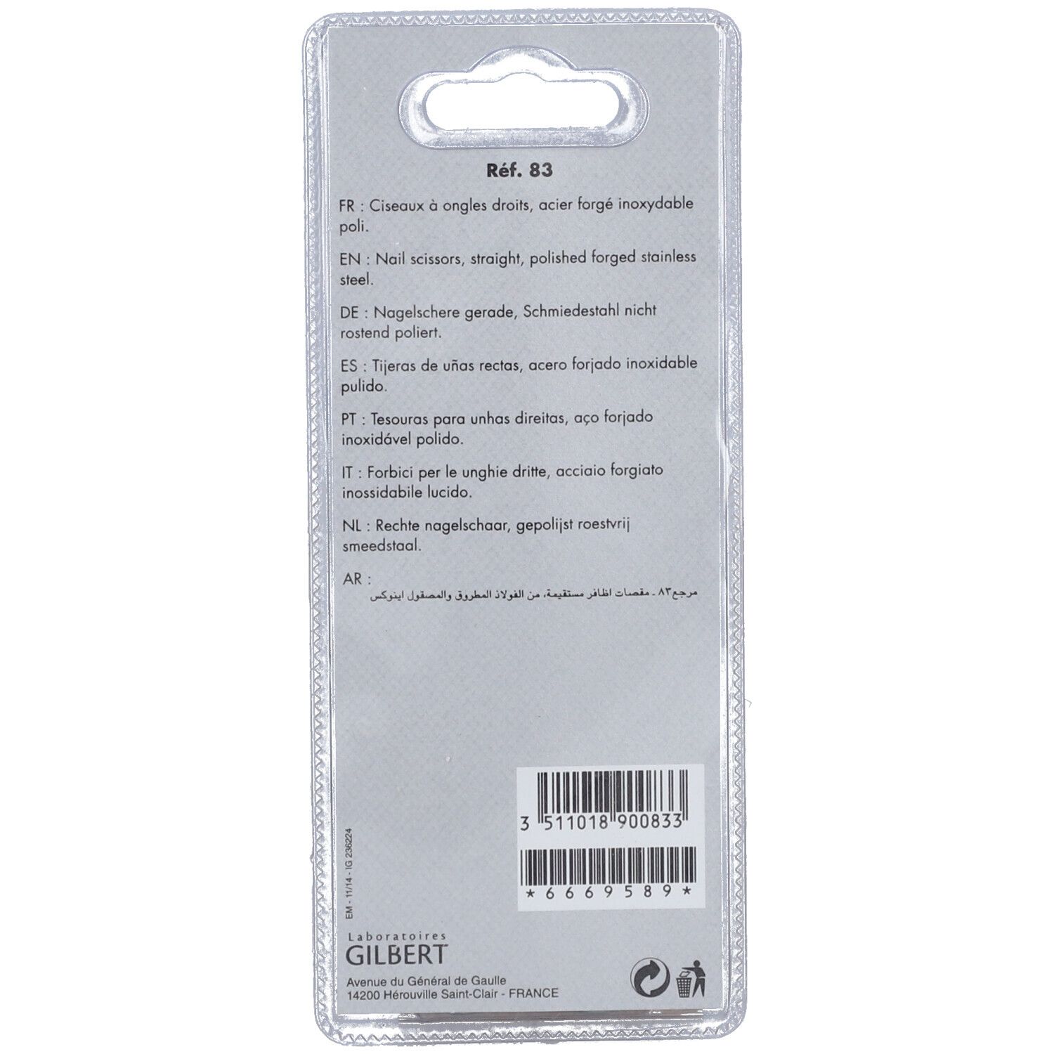 Rückseite der Blisterverpackung mit Produktinformationen und Herstellerangaben. Referenznummer 83.