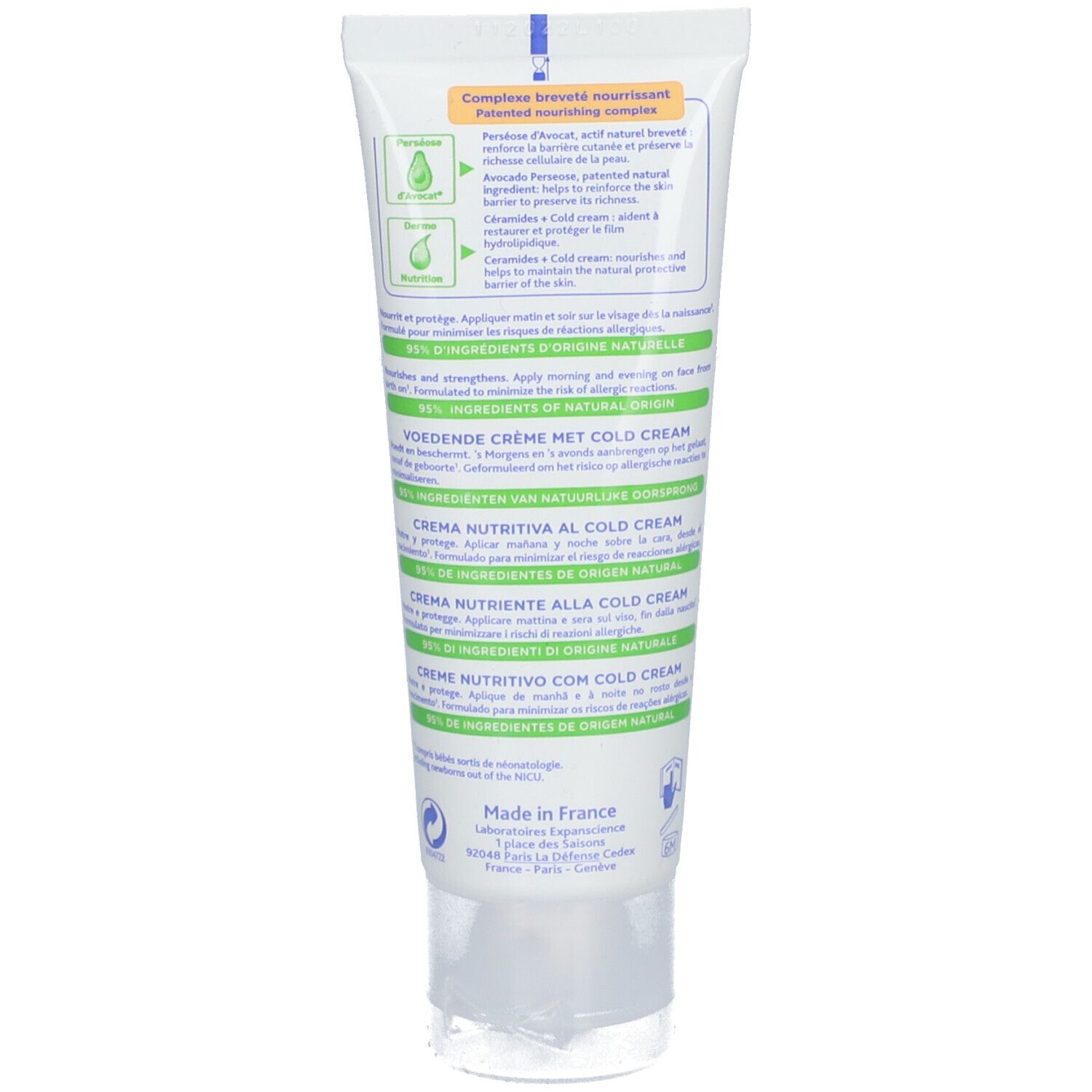 Rückseite einer Creme-Tube. Text: Voedende Crème Met Cold Cream, Inhaltsstoffe, Made in France.