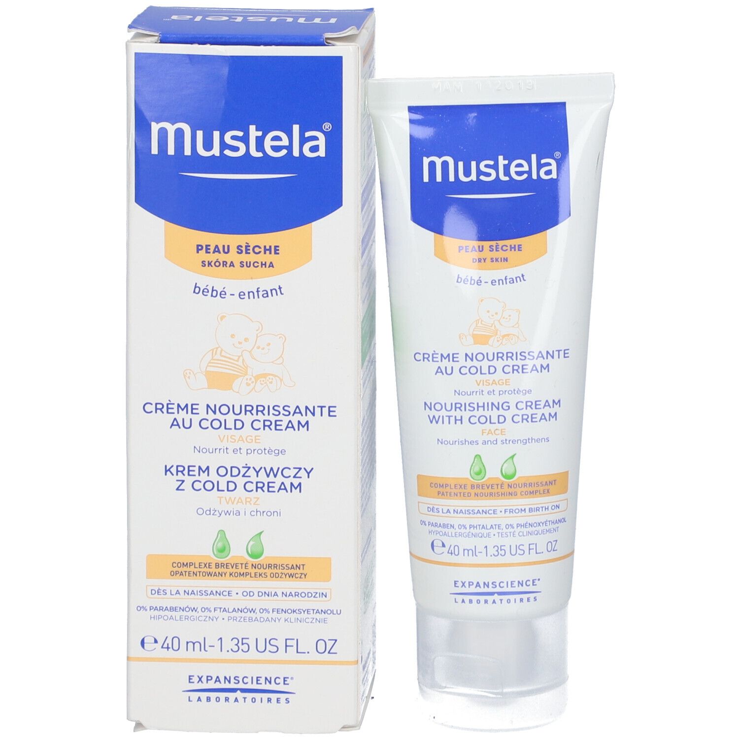 Produktverpackung mit Creme-Tube. Text: Mustela, Peau Seche, Bébé-enfant, Crème Nourrissante, 40 ml.