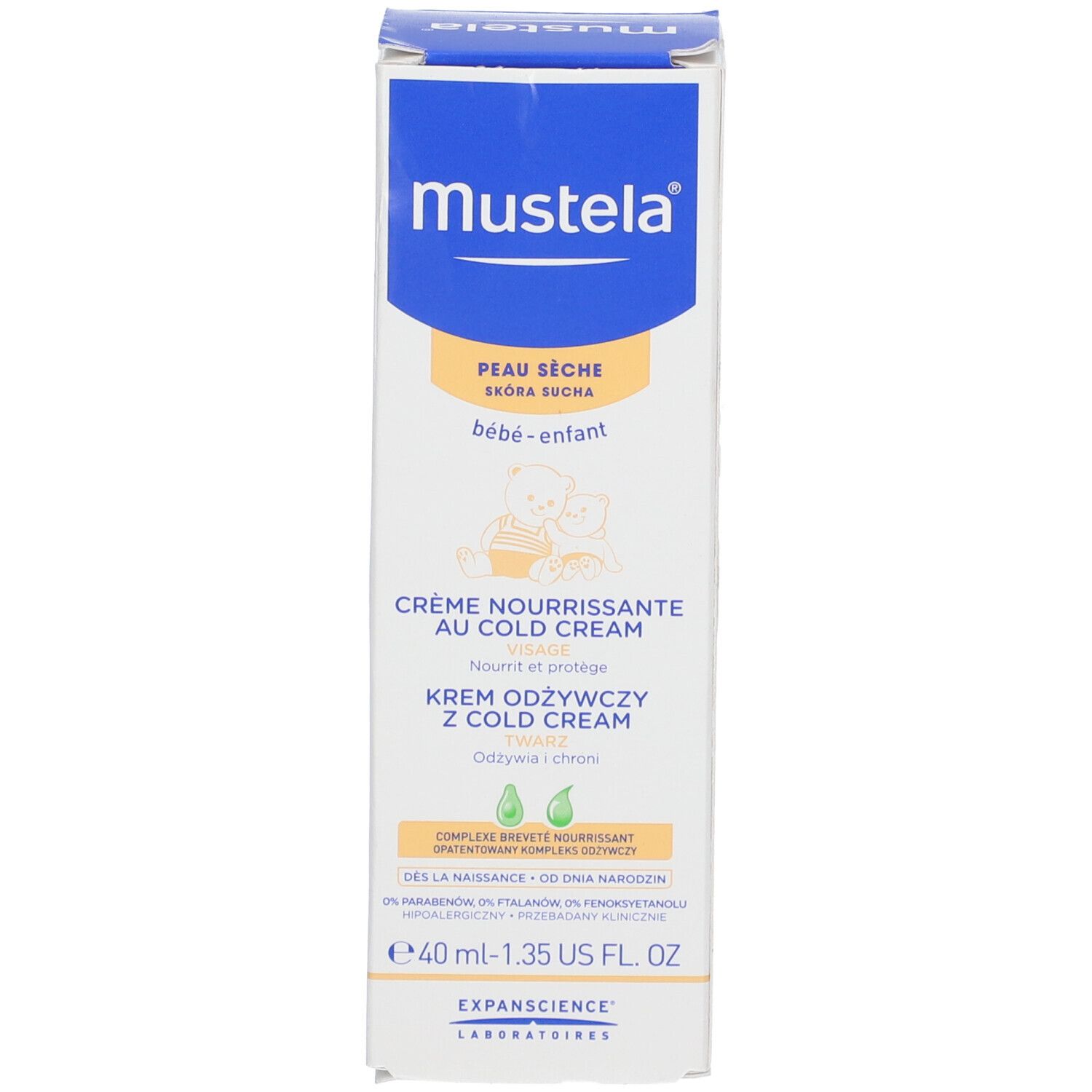 Produktverpackung. Text: Mustela, Peau Seche, Bébé-enfant, Crème Nourrissante, 40 ml.