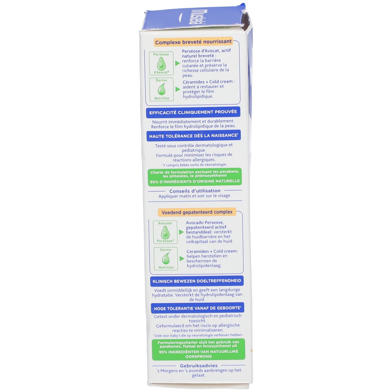 Produktverpackung, Seite. Text: Avocado, Ceramide, klinisch bewiesen, hohe Verträglichkeit, Inhaltsstoffe.