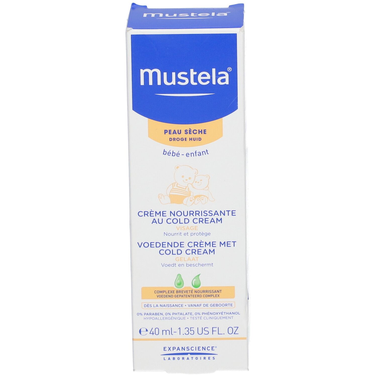 Produktverpackung. Text: Mustela, Peau Seche, Bébé-enfant, Crème Nourrissante, 40 ml.