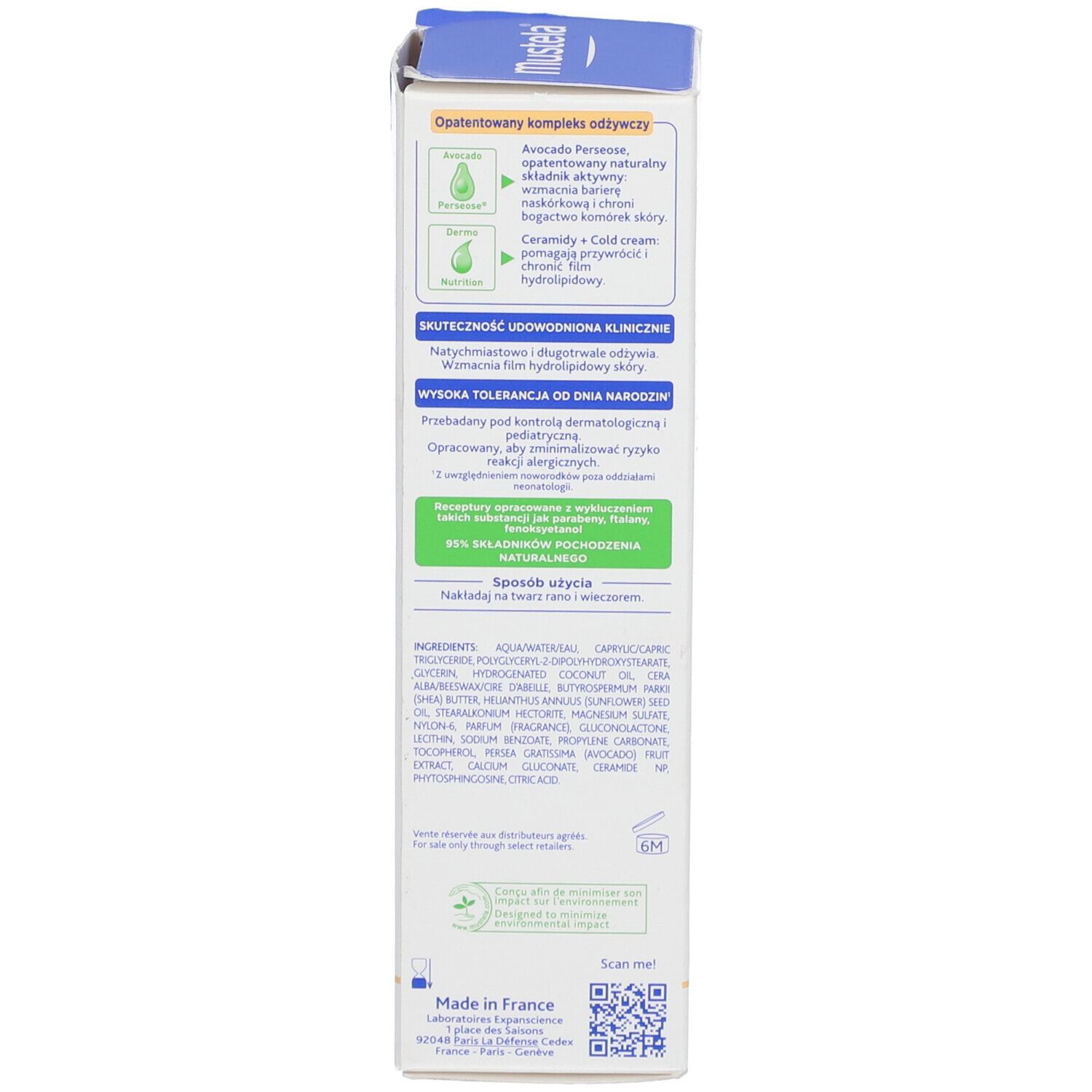 Produktverpackung, Seite. Text: Inhaltsstoffe, Made in France, QR-Code.