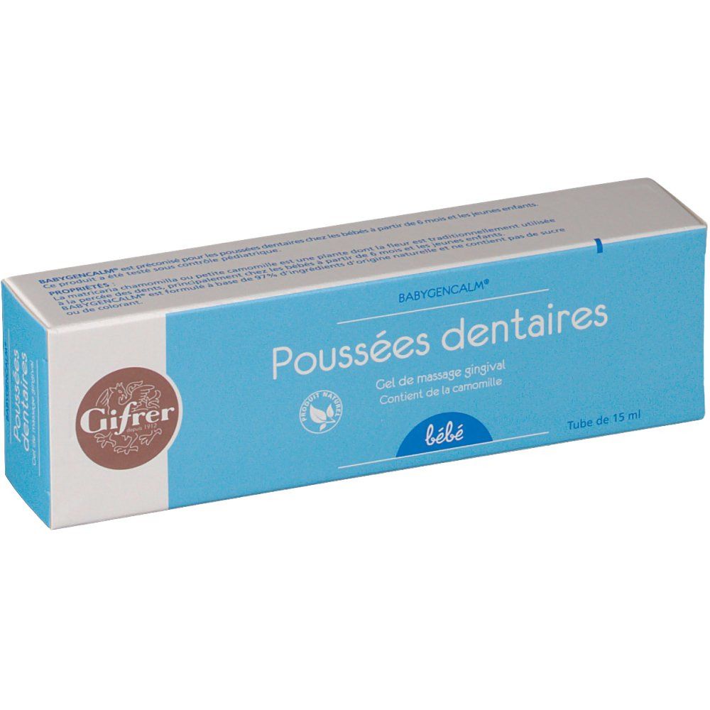 Boîte bleu et blanche avec nom du produit et logo. Texte: Poussées dentaires, Gel de massage gingival, bébé. Tube de 15 ml.