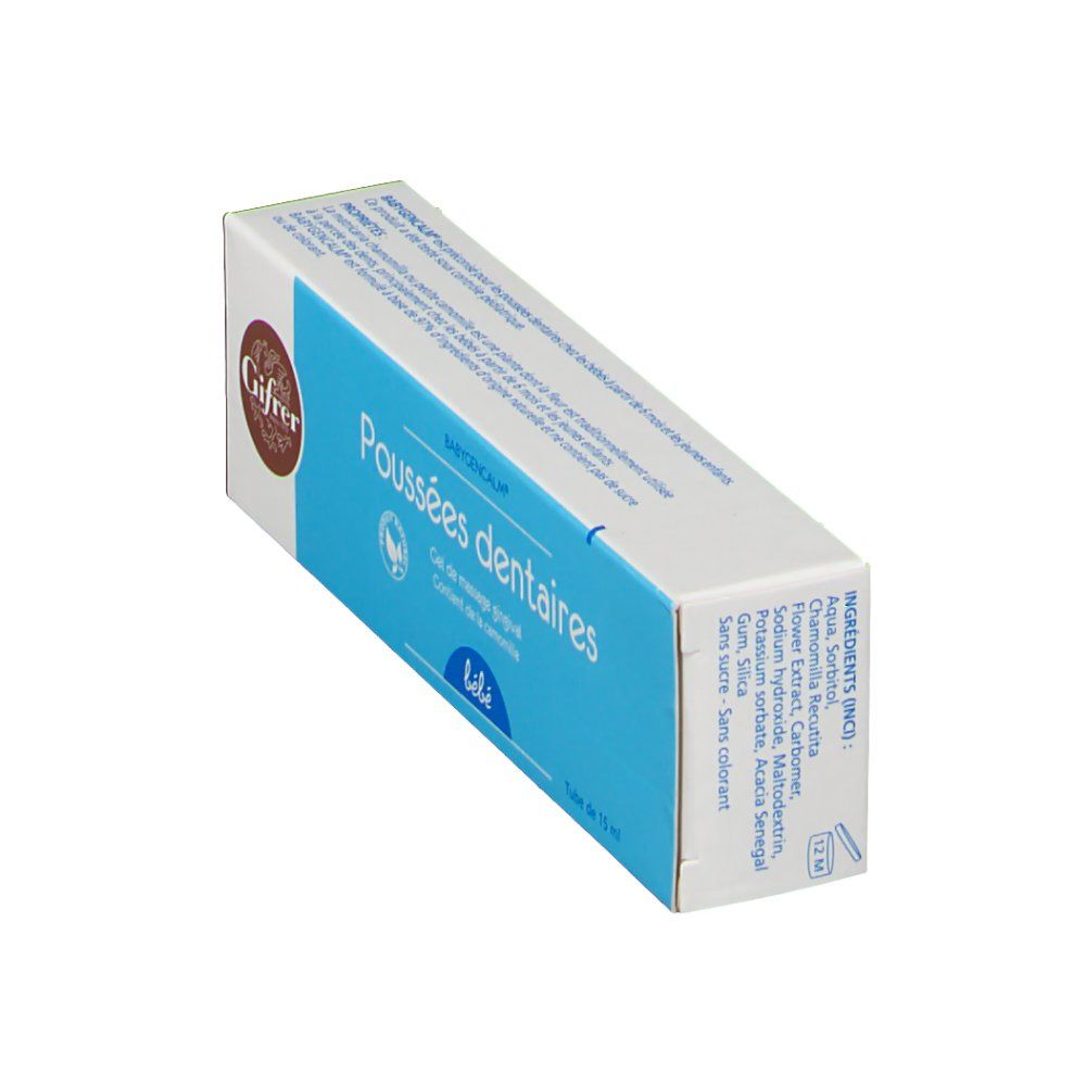 Boîte avec nom du produit et logo. Texte: Poussées dentaires, Gel de massage gingival, bébé. Liste des ingrédients sur le côté.