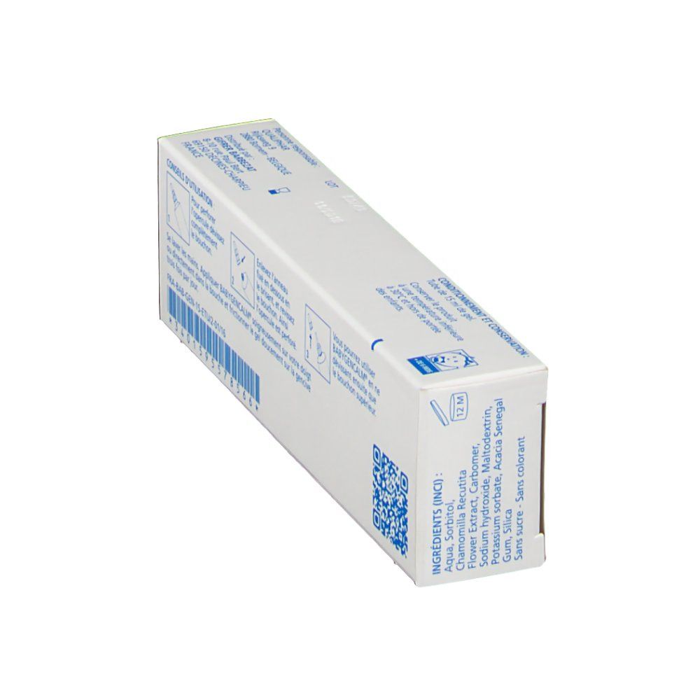 Boîte avec nom du produit et logo. Texte: Poussées dentaires, Gel de massage gingival, bébé. Liste des ingrédients sur le côté.