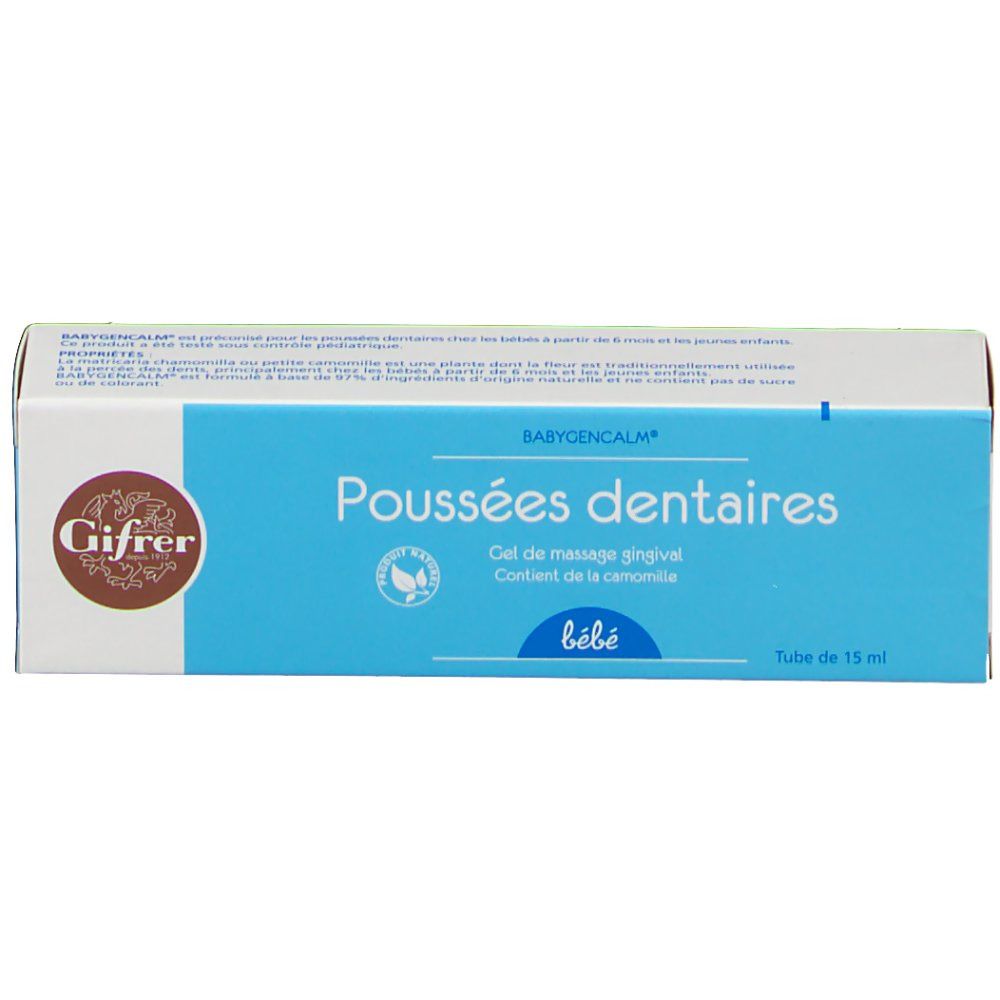Boîte bleu et blanche avec nom du produit et logo. Texte: Poussées dentaires, Gel de massage gingival, bébé. Tube de 15 ml.