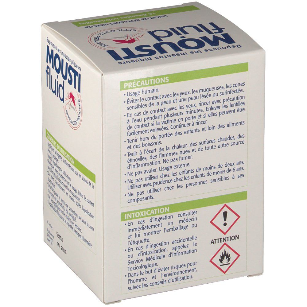 Boîte blanche "Mousti fluid". Arrière avec précautions et symboles de danger. Texte en français.