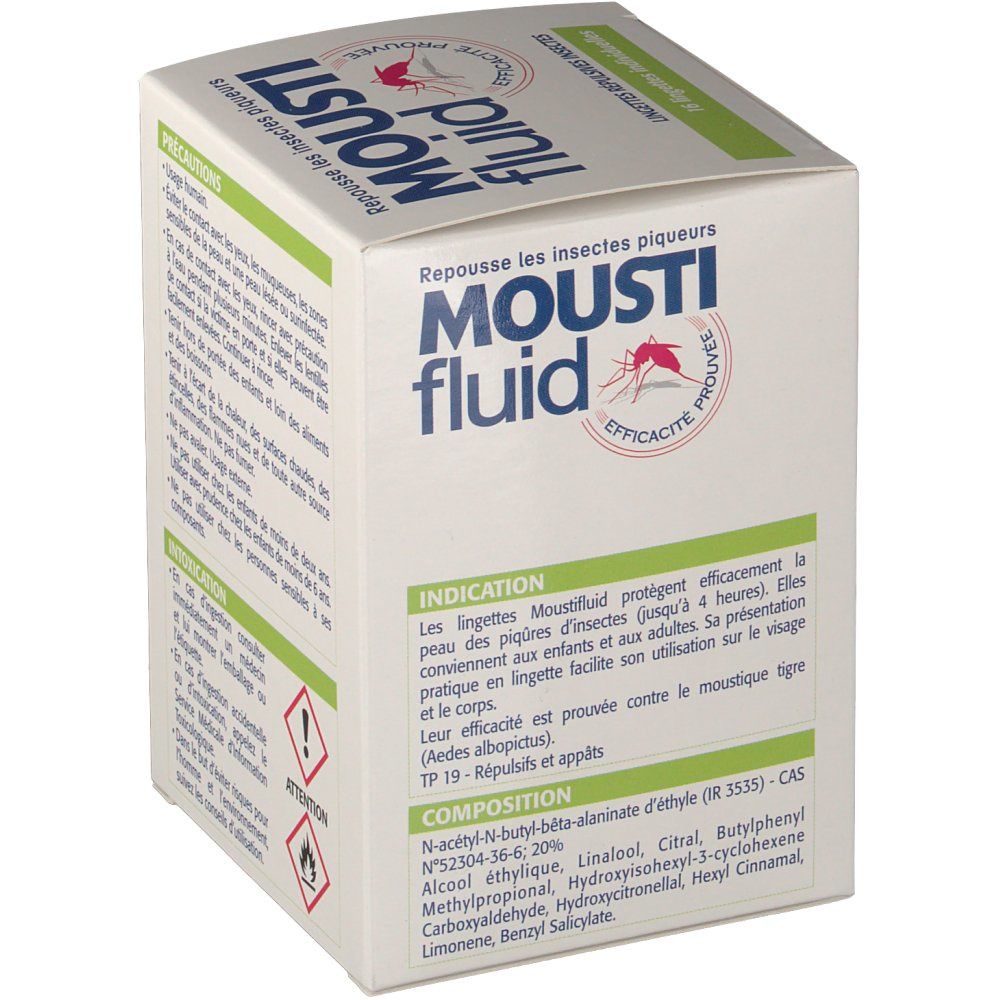 Boîte blanche "Mousti fluid". Contient des informations sur l'utilisation et la composition. Texte en français.