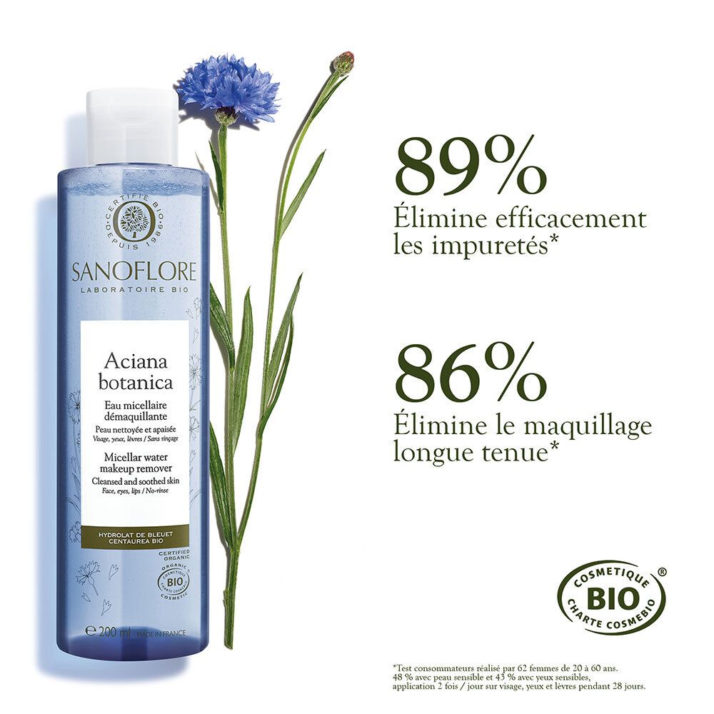Flasche mit Text und Prozentangaben: 89% entfernt Unreinheiten, 86% entfernt Make-up. Bio-Logo.