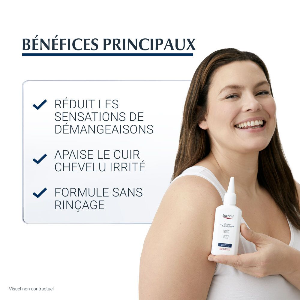 Femme avec produit. Texte : Réduit les démangeaisons, apaise le cuir chevelu irrité, sans rinçage. Produit en main.