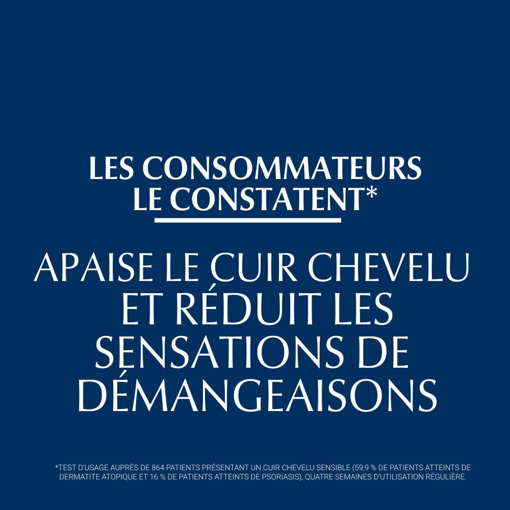 Texte : Les consommateurs le constatent : apaise le cuir chevelu, réduit les démangeaisons. Fond : bleu foncé.