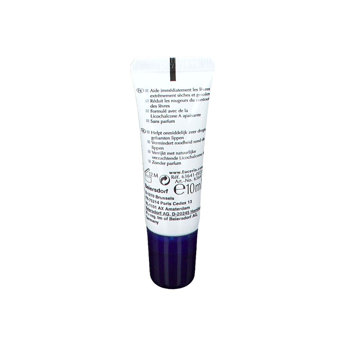 Dos du tube de baume à lèvres Eucerin Acute. Texte : informations d'utilisation, ingrédients, fabricant. Filetage bleu.