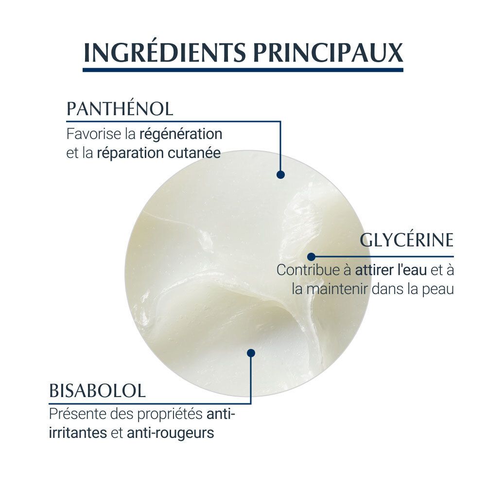 Nahaufnahme der Inhaltsstoffe: Panthenol, Glycerin, Bisabolol. Text: Hauptinhaltsstoffe.