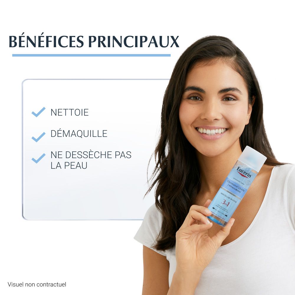 Frau hält Eucerin DermatoCLEAN [HYALURON] Mizellen-Reinigungsfluid 3 in 1. Vorteile: reinigt, entfernt Make-up, trocknet nicht aus.