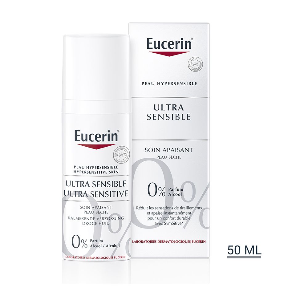 Eucerin UltraSENSITIVE Creme und Verpackung. Weiß, mit roter und schwarzer Schrift. Für hypersensible Haut.