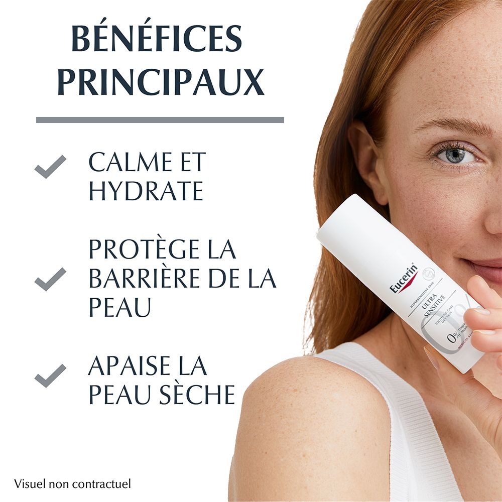 Frau hält Eucerin UltraSENSITIVE Creme. Text: Beruhigt und spendet Feuchtigkeit, schützt die Hautbarriere, beruhigt trockene Haut.