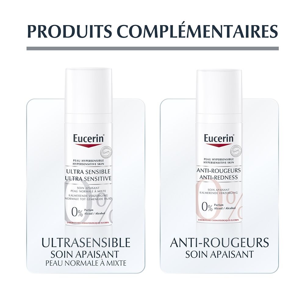 Zwei Eucerin Produkte. UltraSENSITIVE Creme und Anti-Rötungen. Weiß, mit roter und schwarzer Schrift.