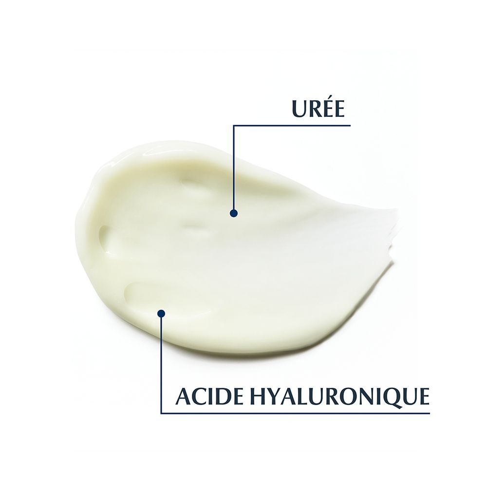 Creme-Textur mit Hyaluronsäure und Urea. Beschriftung: Hyaluronsäure, Urea.