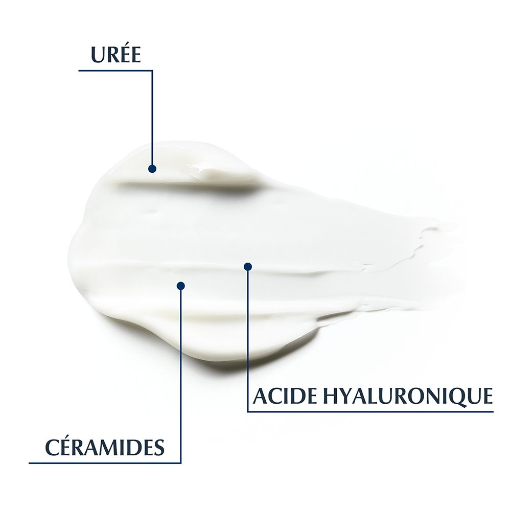 Crèmetextuur met de aanduidingen: Urée, Acide Hyaluronique, Céramides. Productnaam en merk niet zichtbaar.