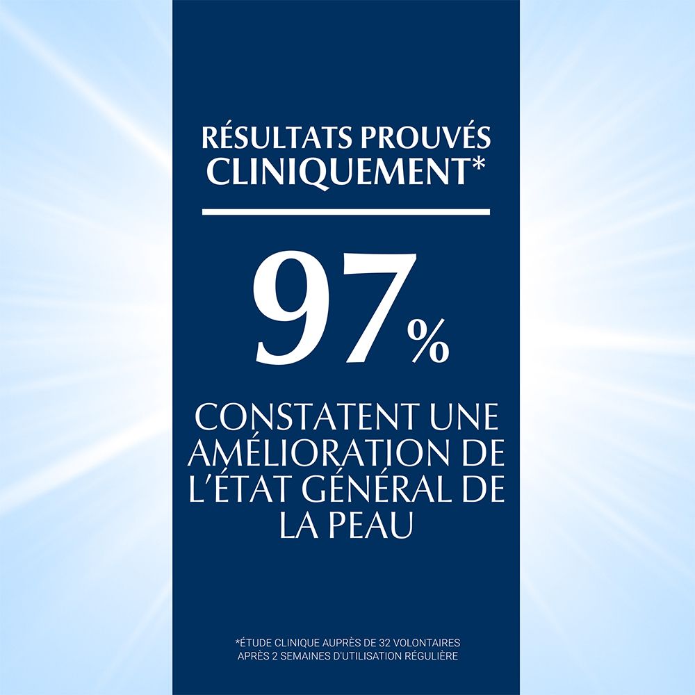 Tekst: Résultats prouvés cliniquement. 97% constatent une amélioration de l'état général de la peau. Productnaam en merk niet zichtbaar.