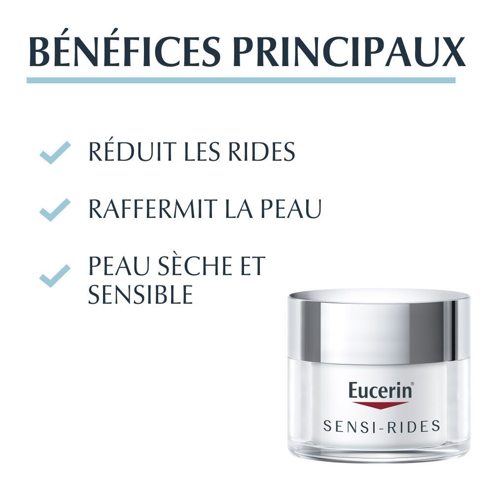 Vorteile der Eucerin® SENSI-RIDES Creme. Reduziert Falten, strafft die Haut, für trockene und empfindliche Haut.