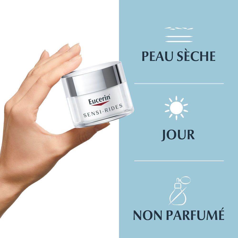 Hand hält Eucerin® SENSI-RIDES Creme. Text: Peau sèche, Jour, Non parfumé.