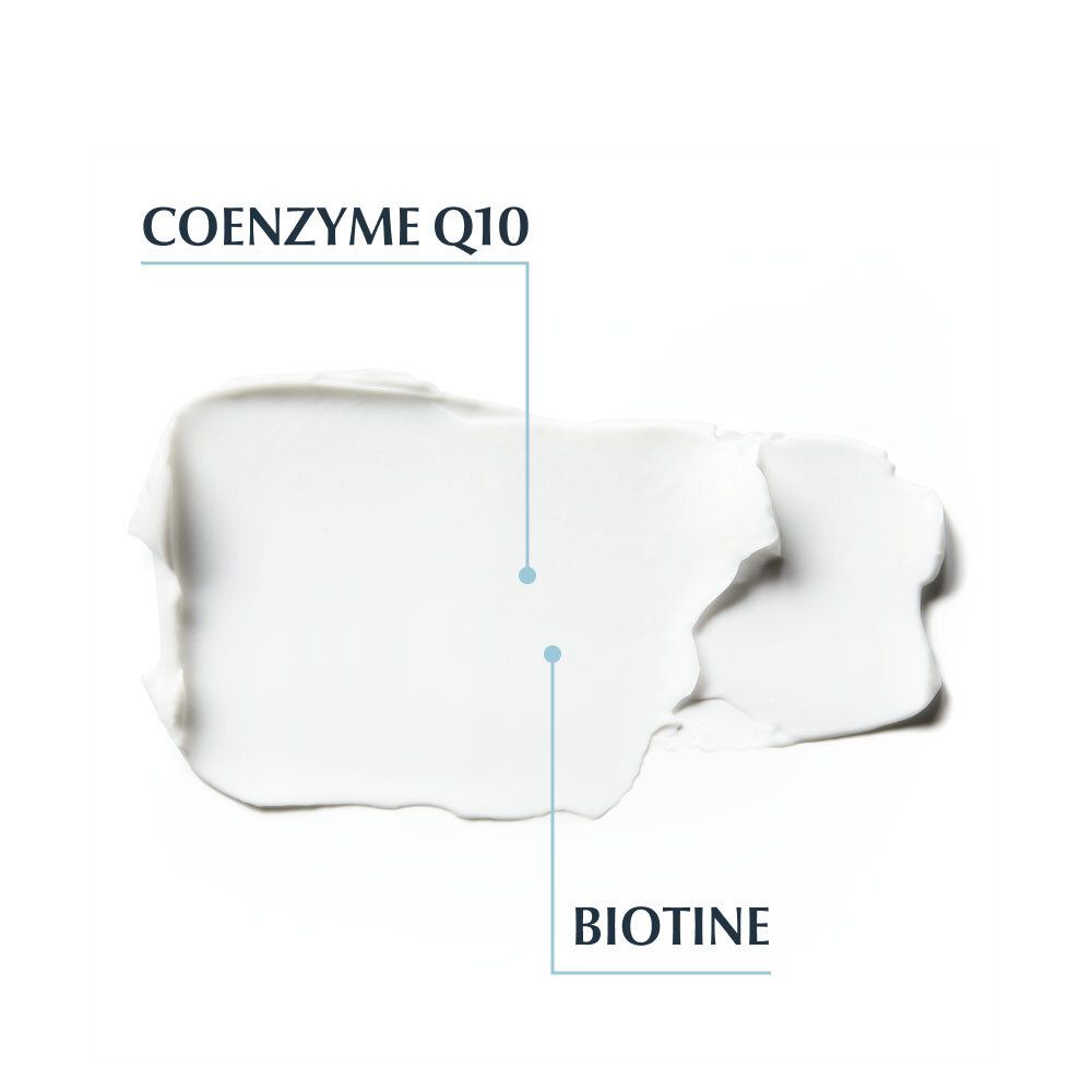 Weißer Creme-Klecks mit den Texten Coenzym Q10 und Biotin.