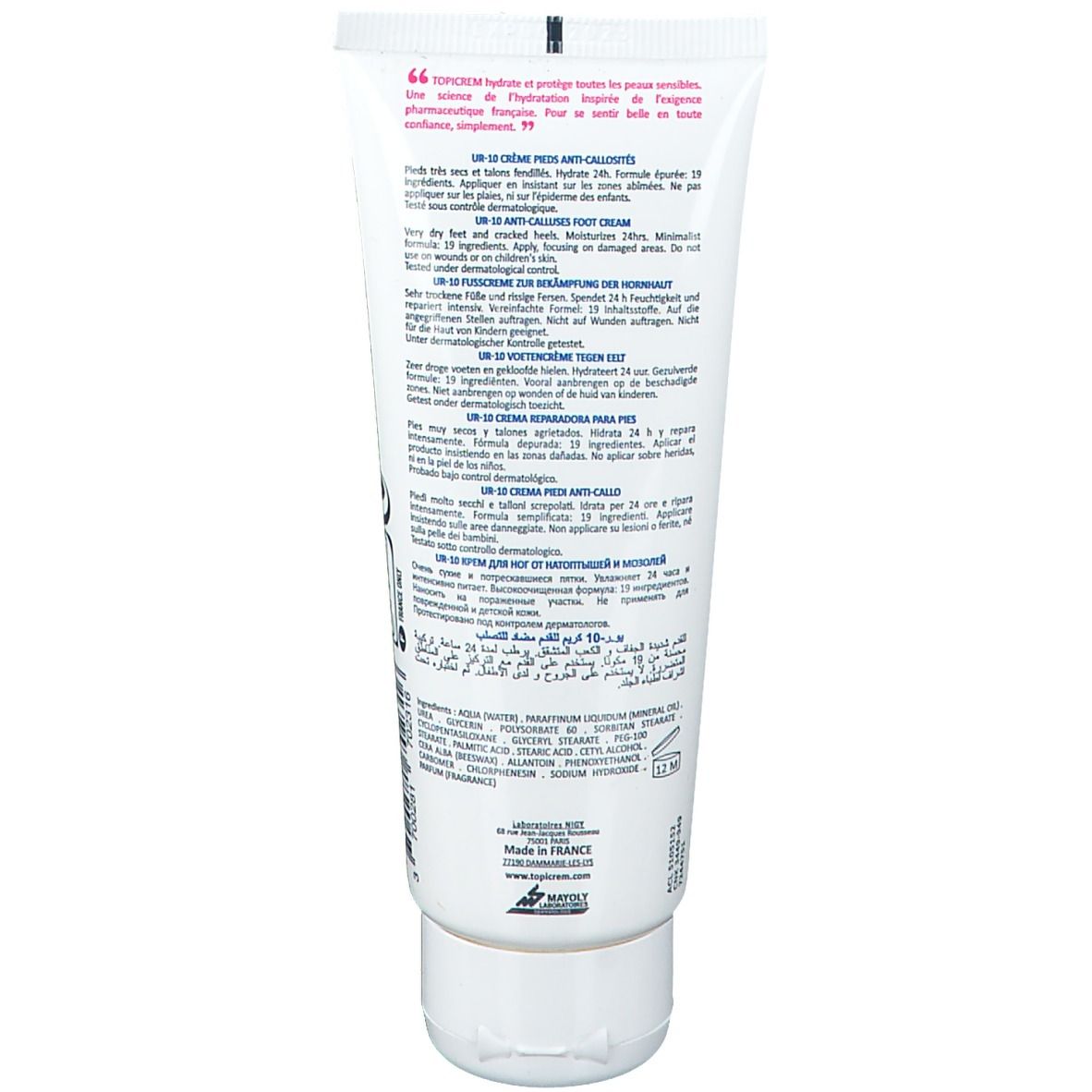 Dos du tube de crème pour les pieds Topicrem blanc. Texte multilingue, ingrédients, informations fabricant.