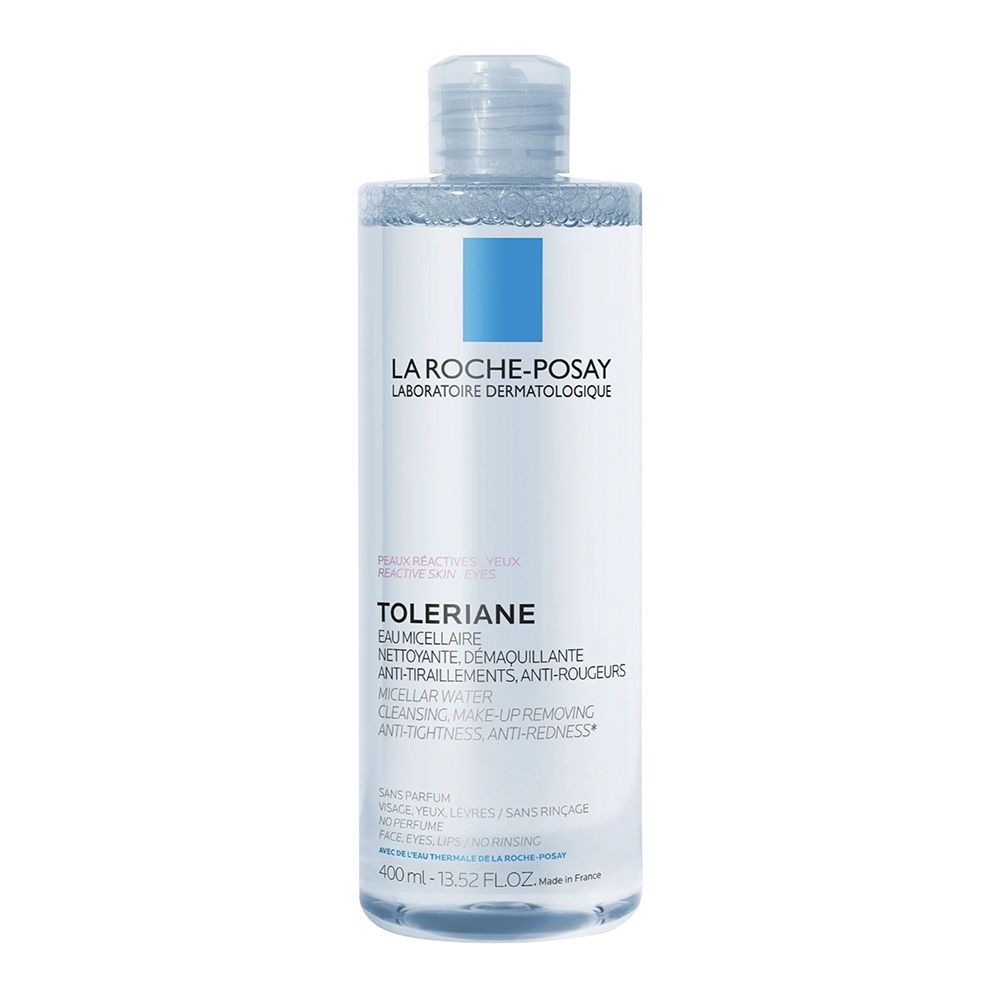 LA ROCHE-POSAY Toleriane Eau Micellaire. Bouteille avec logo bleu et texte blanc. Pour peaux réactives.