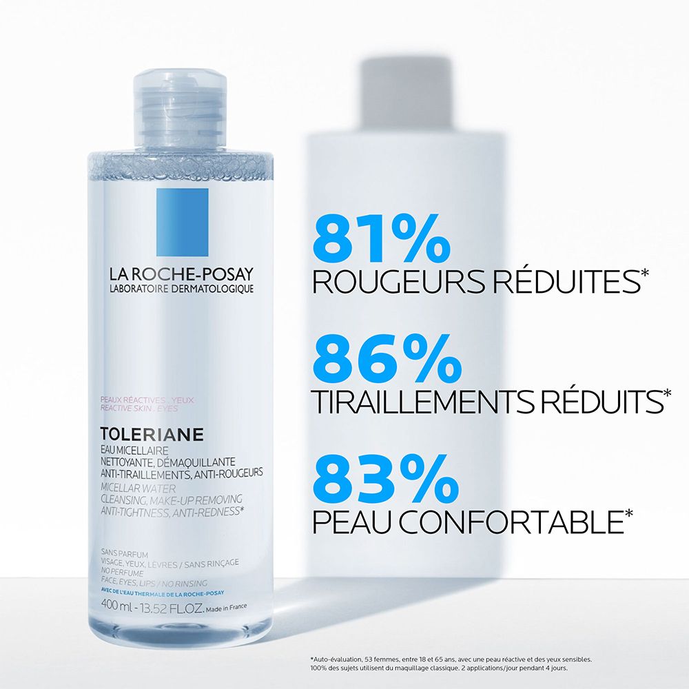 LA ROCHE-POSAY Toleriane Eau Micellaire. Réduit les rougeurs de 81%, les tiraillements de 86% et rend la peau confortable.