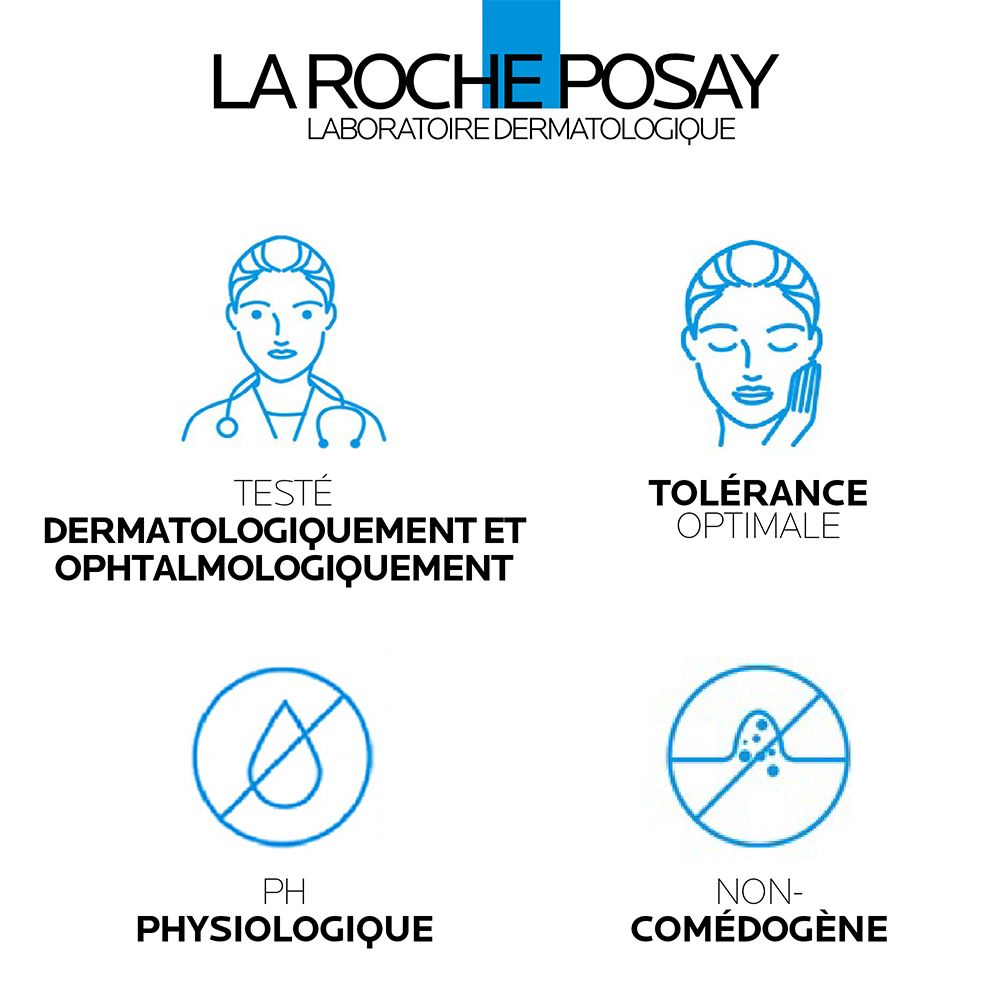 Logo LA ROCHE-POSAY et icônes: Testé dermatologiquement et ophtalmologiquement, pH physiologique, non comédogène.